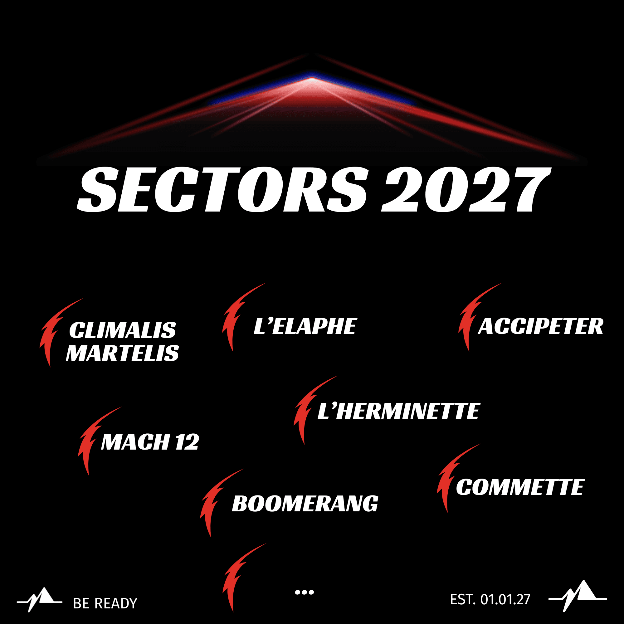 Affiche Sectors 2027 : sept épreuves dévoilées (Climalis Martelis, L'Elaphe, Accipeter, Mach 12, L'Herminette, Boomerang, Commette) et une huitième masquée. Be ready, est. 01.01.27.