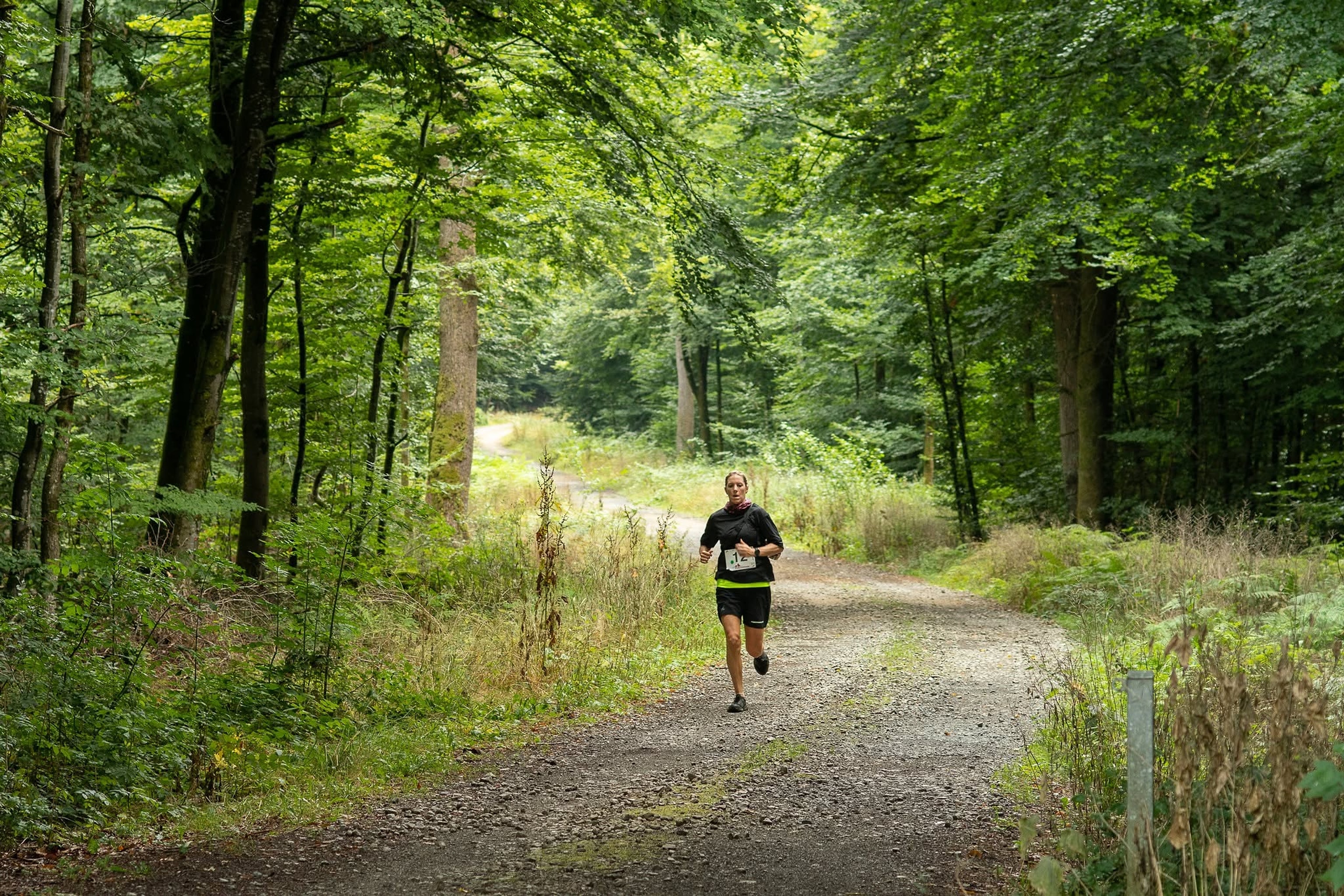 Une coureuse sur un chemin forestier pendant La Traversée Verte